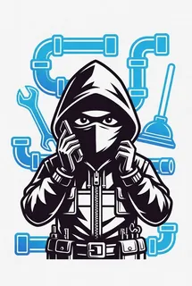 Pipe Assassin Plumbing 24/7 emergency operator taking a UK callout — hooded ninja with phone