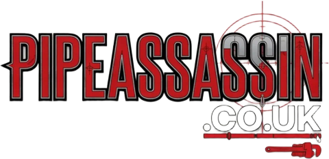 Pipe Assassin Plumbing — pipeassassin.co.uk wordmark with targeting reticle and pipe wrench