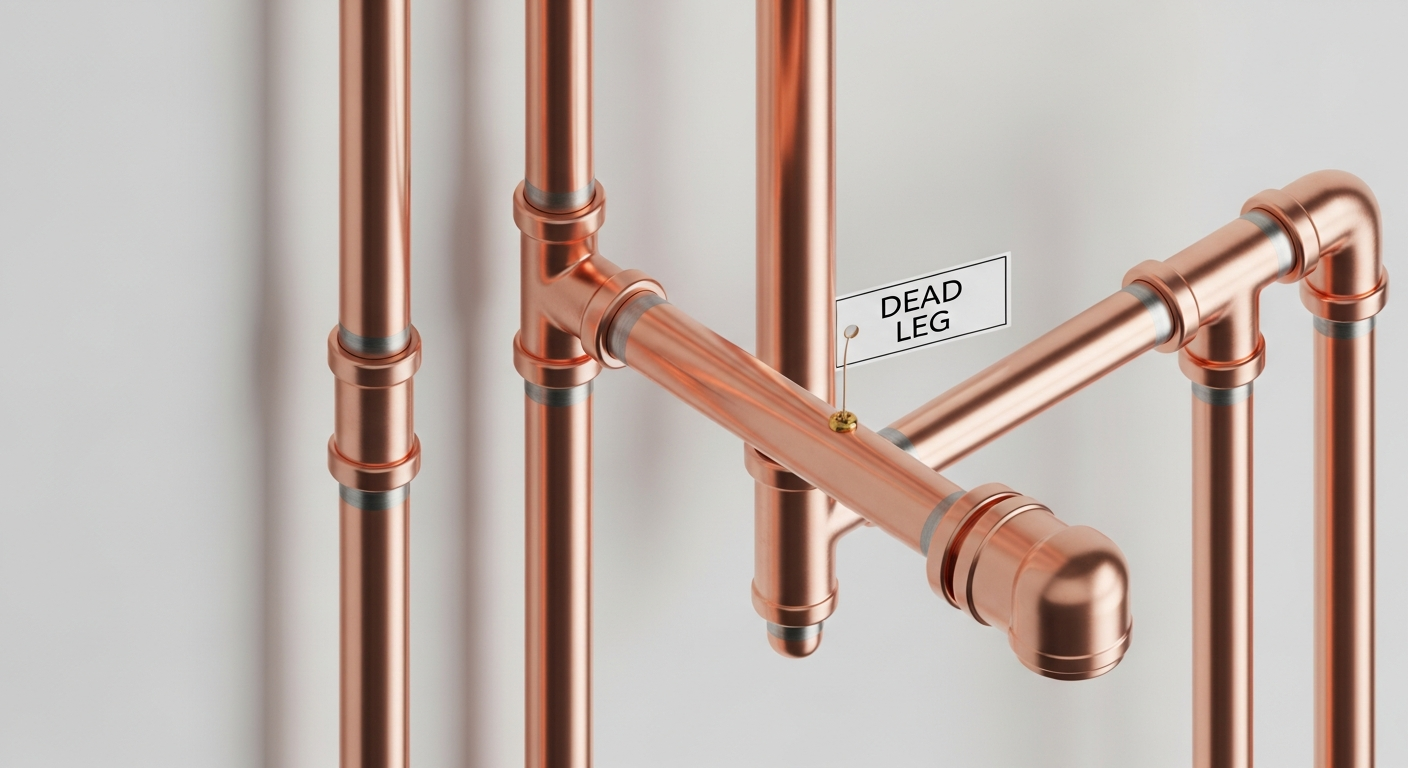 Pipe Assassin Plumbing dead-leg removal — copper pipework with a capped dead leg branch showing Legionella stagnation risk