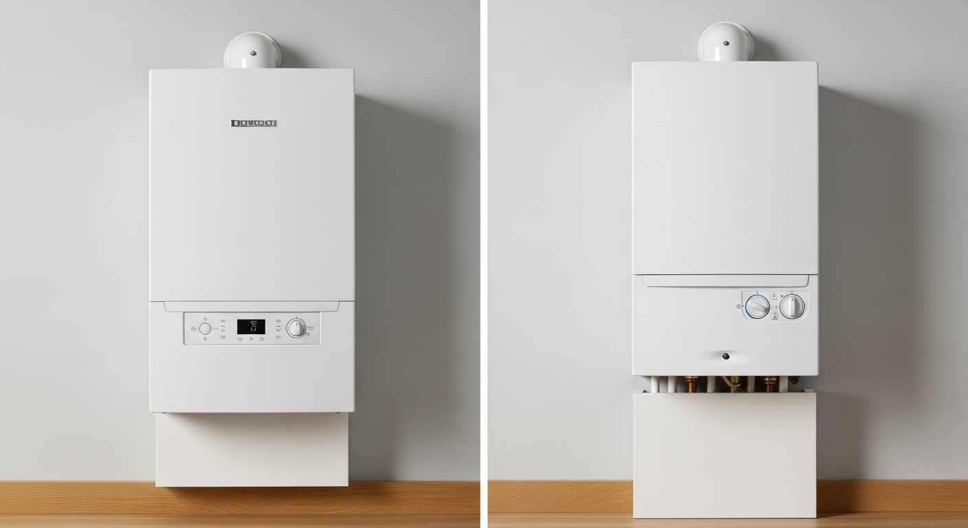 Pipe Assassin Plumbing heating guide — side-by-side modern electric boiler and gas combi boiler in a UK utility room