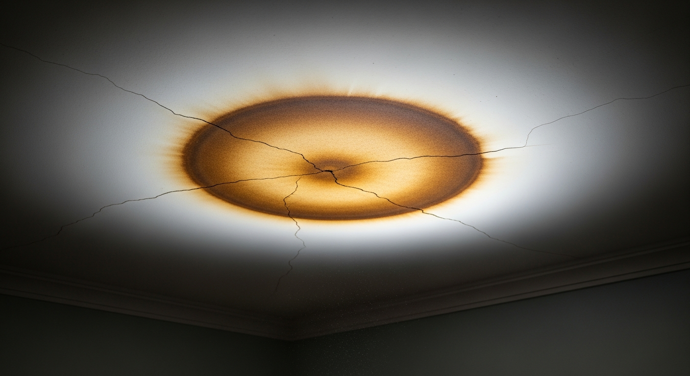 Pipe Assassin Plumbing leak detection — brown water damage stain on a white ceiling from a hidden leak in a UK home