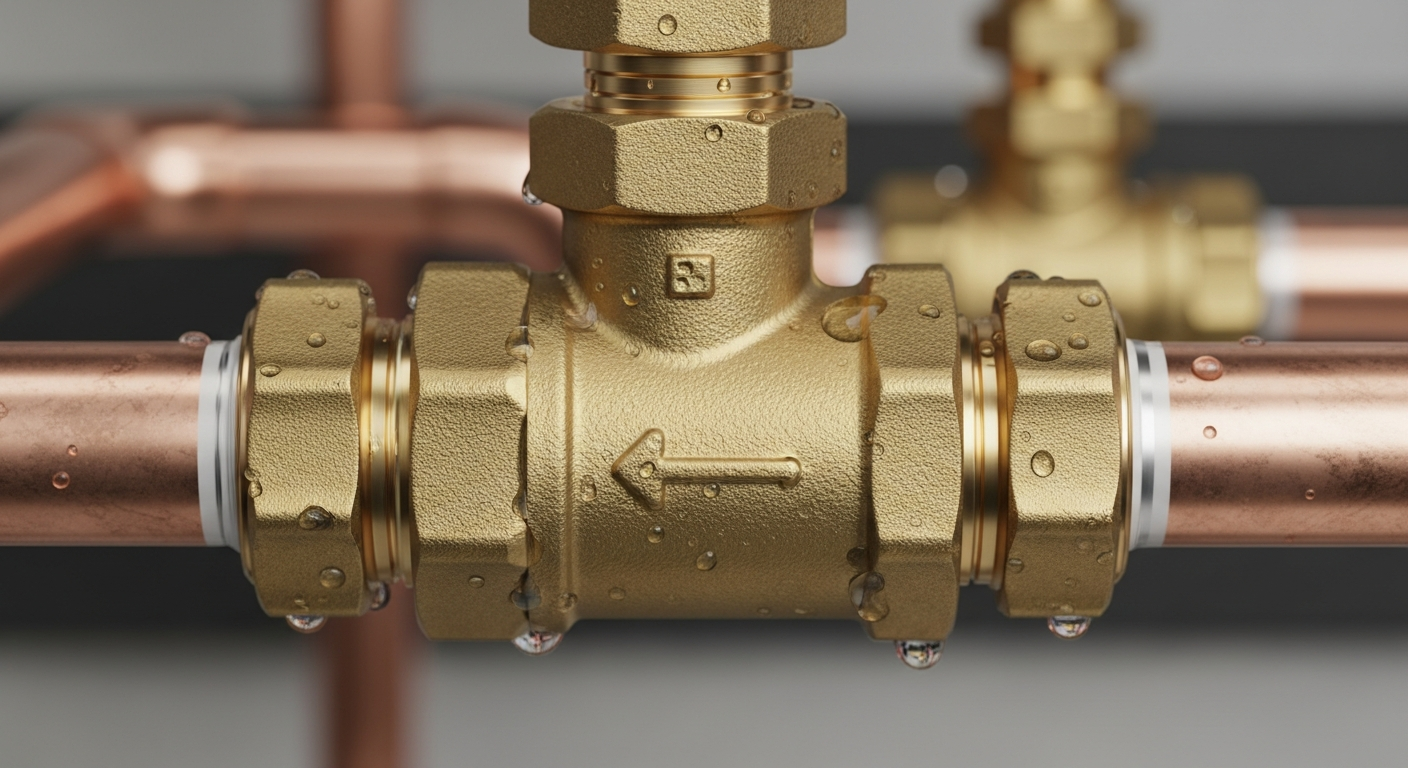 Pipe Assassin Plumbing non-return valve — brass check valve fitted inline on a copper water pipe to prevent backflow