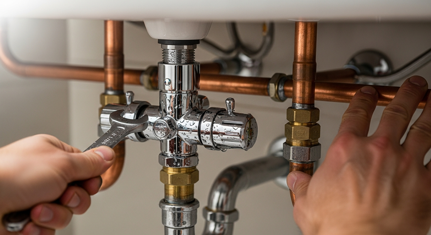 Pipe Assassin Plumbing TMV fitting — chrome thermostatic mixing valve installed on copper pipework under a UK bathroom basin