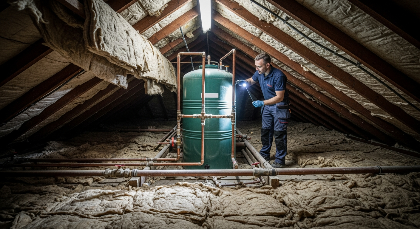 Pipe Assassin Plumbing water hygiene — cold water storage tank in a UK loft inspected for Legionella and sediment